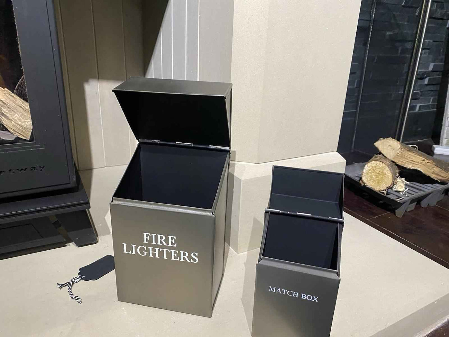 Brushed Silver Fire Lighter & Match Box Holder Set Modern Fireside Storage Tidy