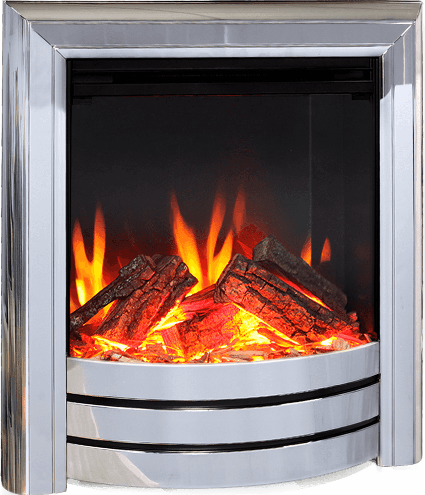 Proflame Titan Pulse Electric Fire with chrome finish, realistic flame effect, logs, and ember technology, inset design for home fireplace
