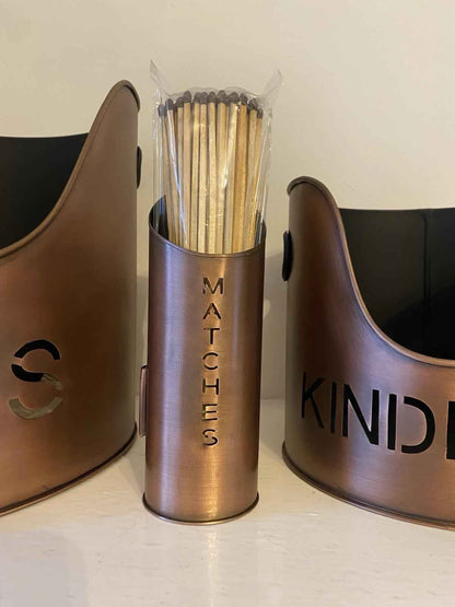 Set of 3 Log Kindling and Match Holder Copper