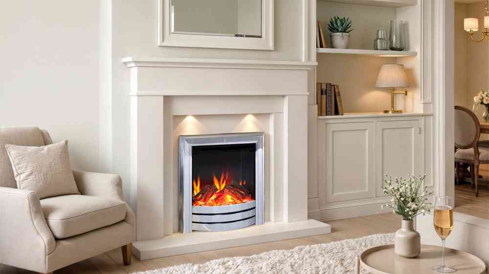 Living room with white fireplace surround and Proflame Titan Pulse electric fire, creating a cozy ambiance with realistic flames