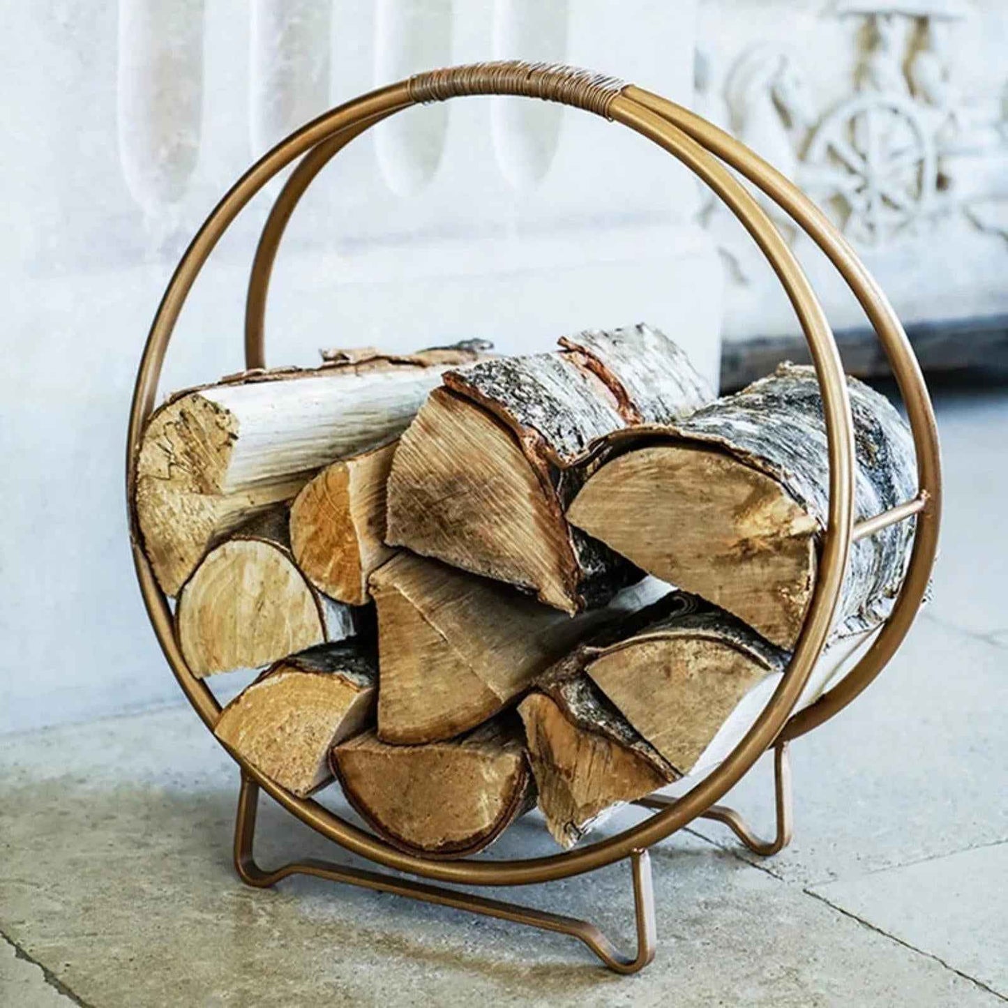 Ivyline Round Copper Log Holder Firewood Rack | Modern Iron Fireplace Storage |