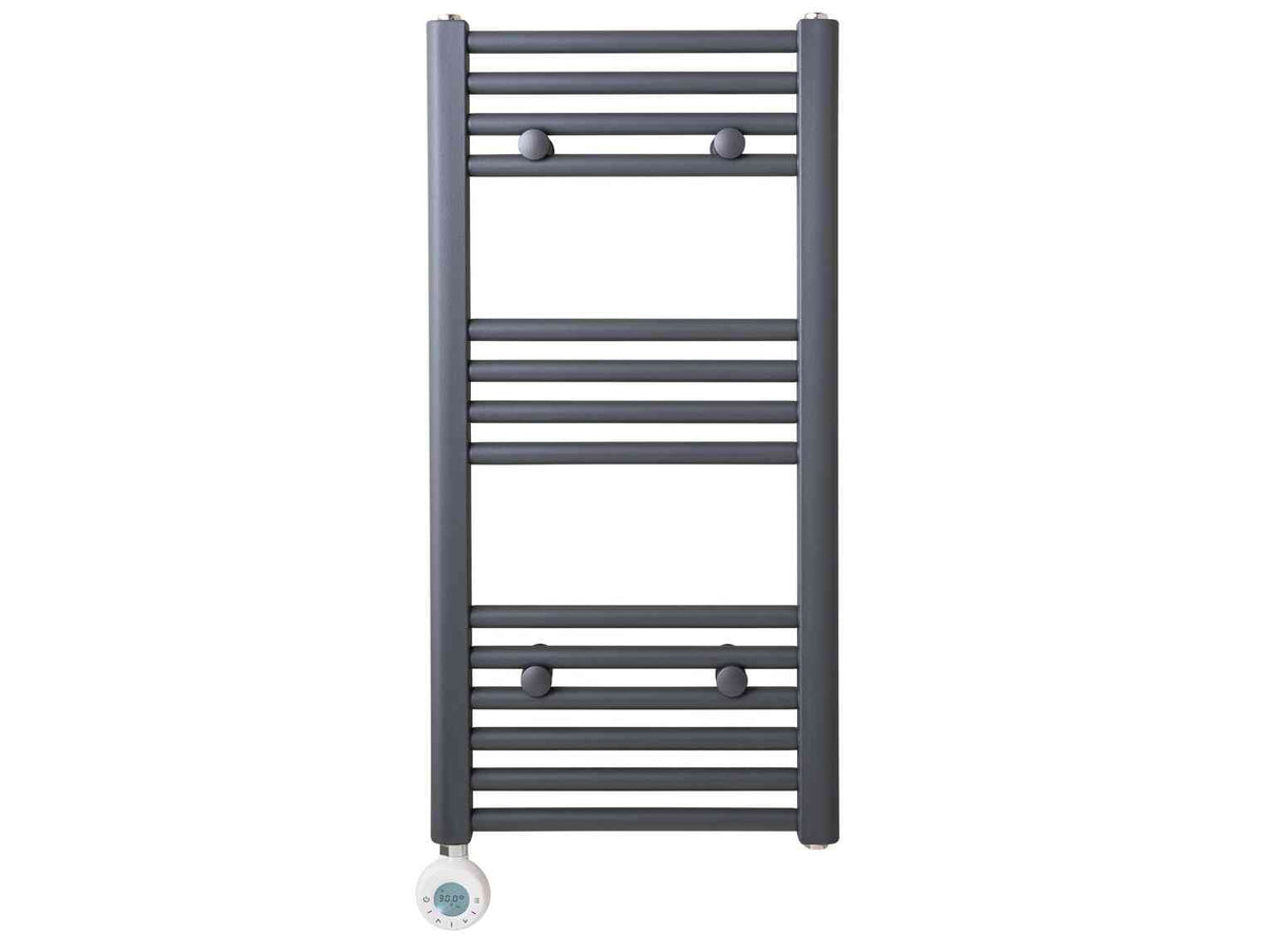 Grey Eden Radium 600W smart WiFi electric towel radiator with horizontal bars, round control dial at the bottom, sleek modern design