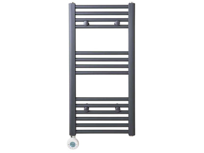 Grey Eden Radium 600W smart WiFi electric towel radiator with horizontal bars, round control dial at the bottom, sleek modern design