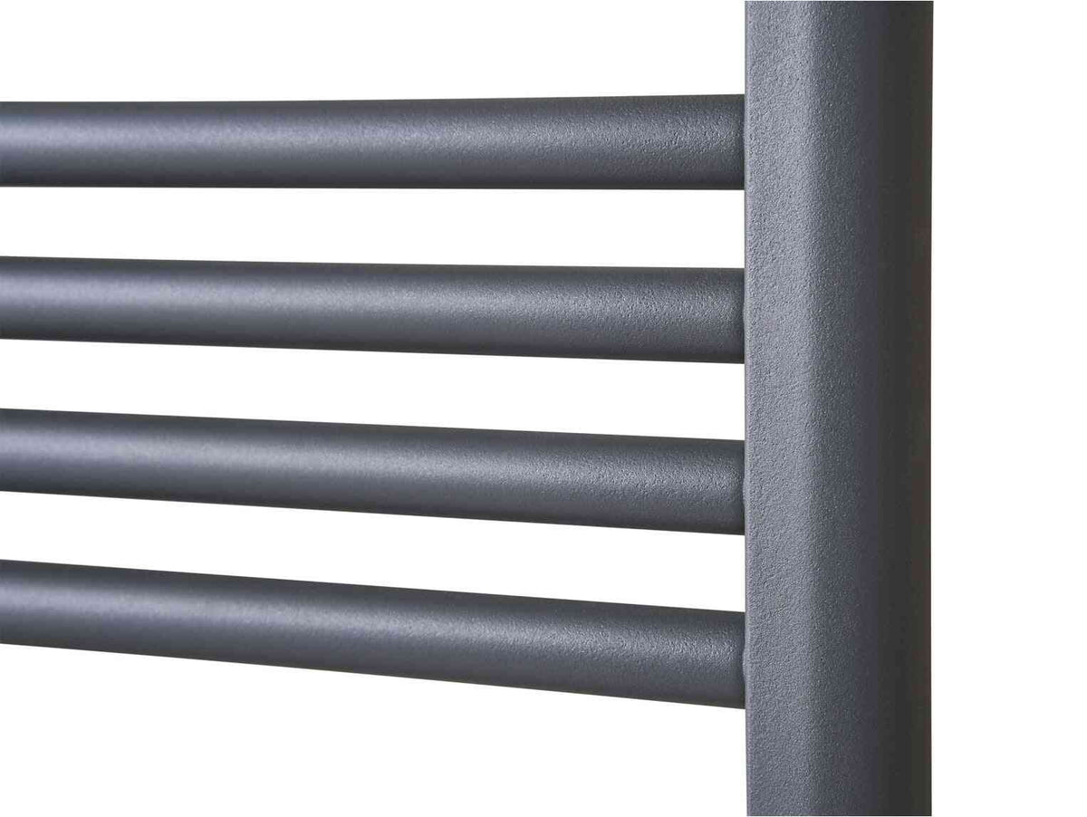 Close-up of a modern, textured grey electric towel radiator with horizontal bars and vertical side panel, designed for bathroom heating