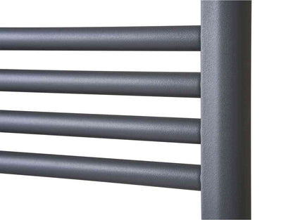 Close-up of a modern, textured grey electric towel radiator with horizontal bars and vertical side panel, designed for bathroom heating