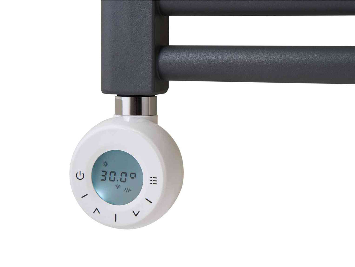White digital thermostat control for Eden Radium 600W smart WiFi electric towel radiator, displaying 30.0°C, with power and WiFi icons