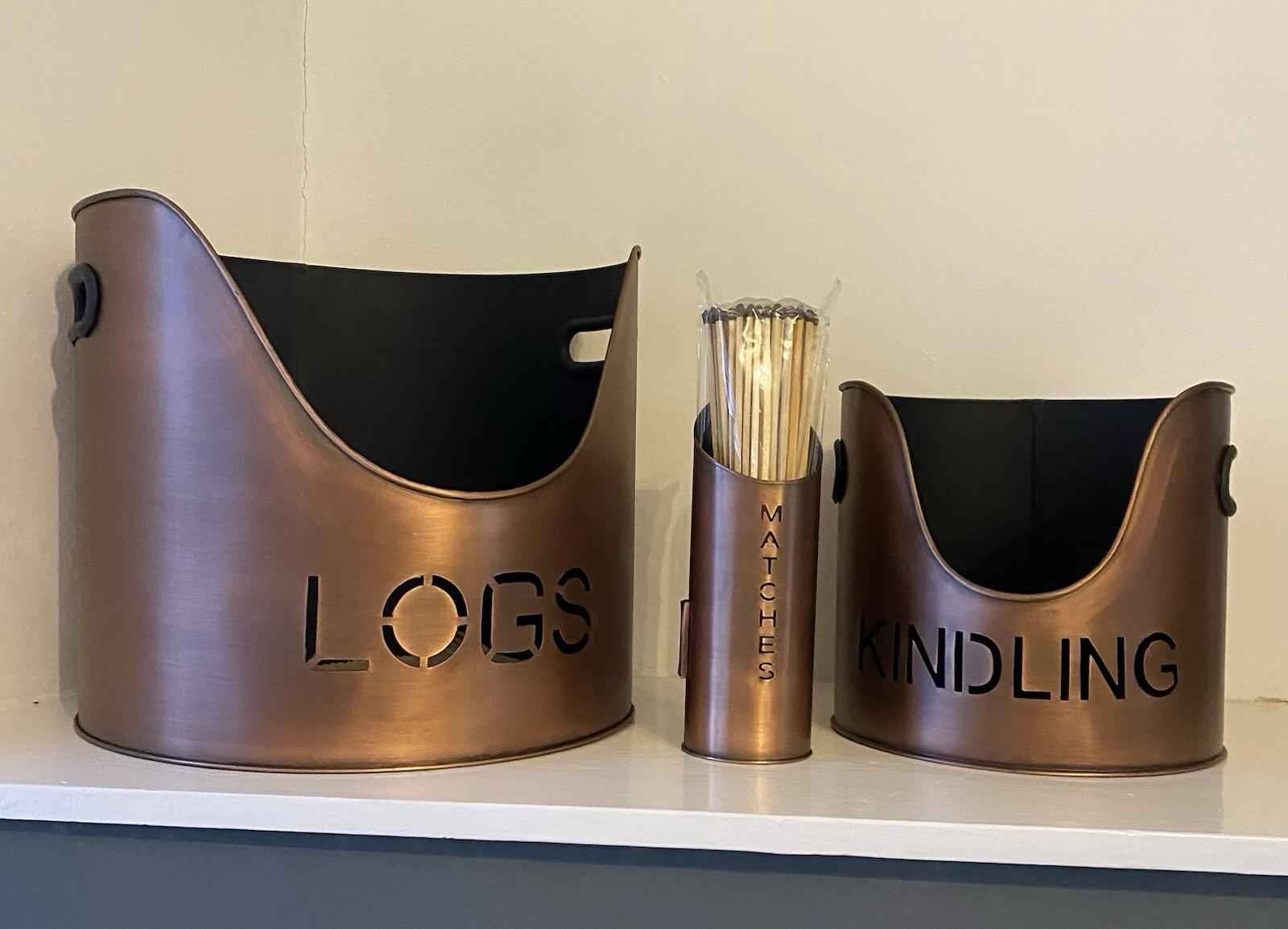 Set of 3 Log Kindling and Match Holder Copper