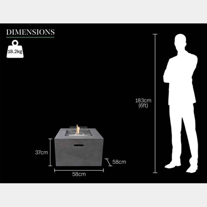Technical specification diagram for the Field and Flame Cassia bio ethanol fire pit indicating structural height of 370mm, width of 580mm, and base weight of 16kg compared against a human silhouette.