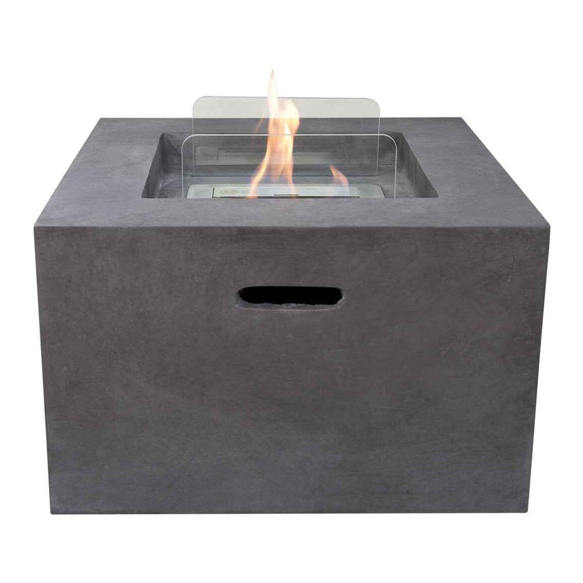 Front-facing perspective of the dark concrete grey Field and Flame Cassia bio-ethanol fire pit featuring integrated carry handles.