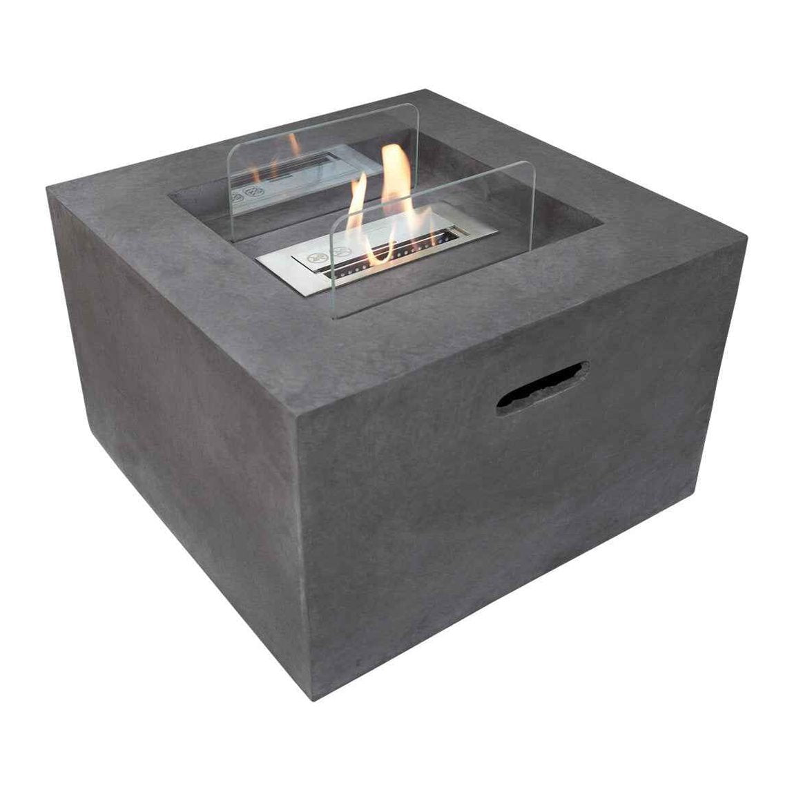  Studio shot of the modern square Field and Flame Cassia lightweight concrete bio ethanol fire pit showing the clean-lined concrete grey finish.