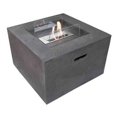  Studio shot of the modern square Field and Flame Cassia lightweight concrete bio ethanol fire pit showing the clean-lined concrete grey finish.