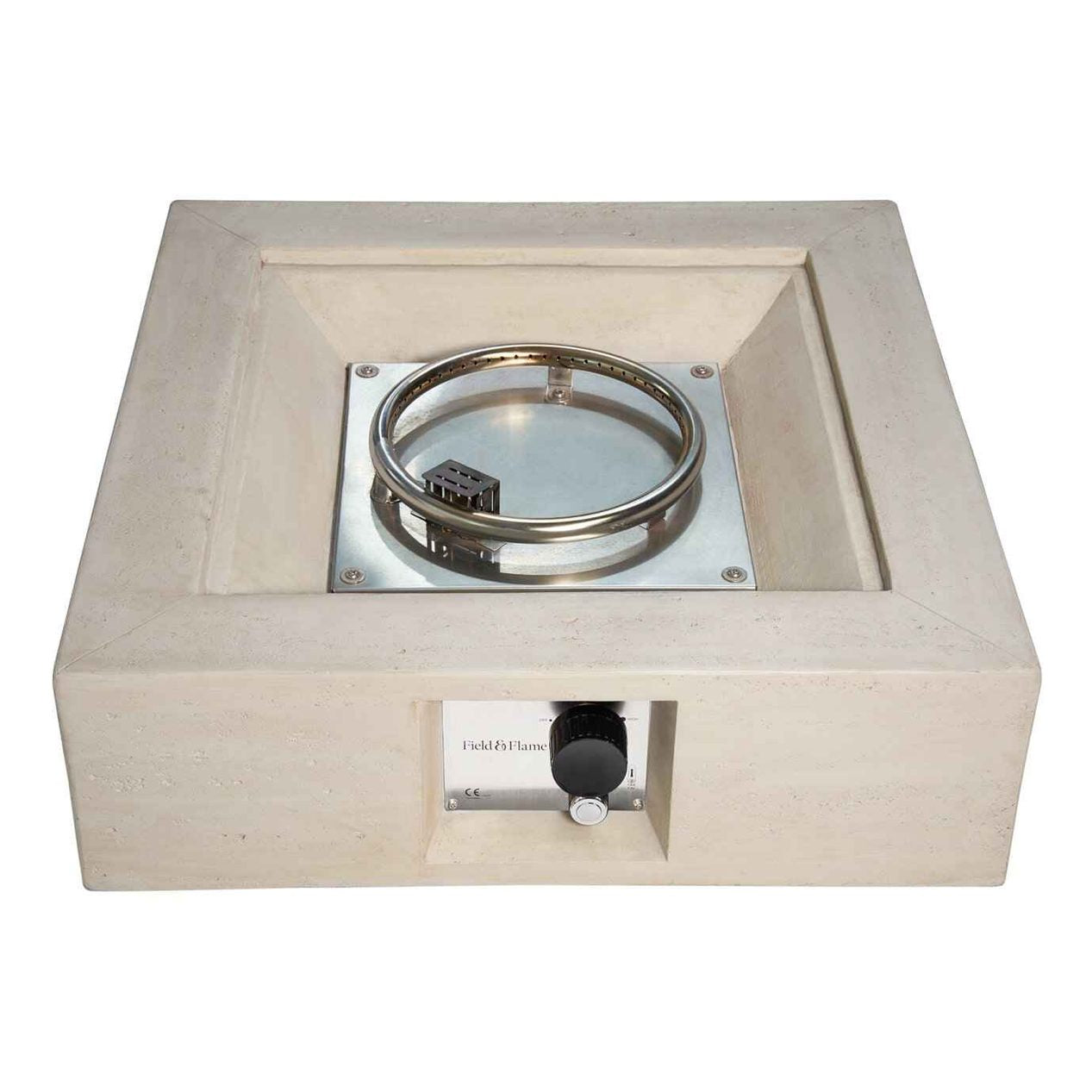 Included accessories for the Field and Flame Mazus gas fire pit featuring a weatherproof cover and patio gas regulator