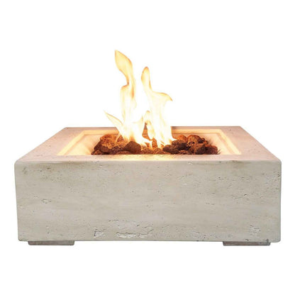 Close up view of the high efficiency stainless steel gas burner tray filled with decorative red lava rock