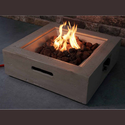 Field and Flame Mazus square gas fire pit table with a premium cream travertine effect finish on a garden patio