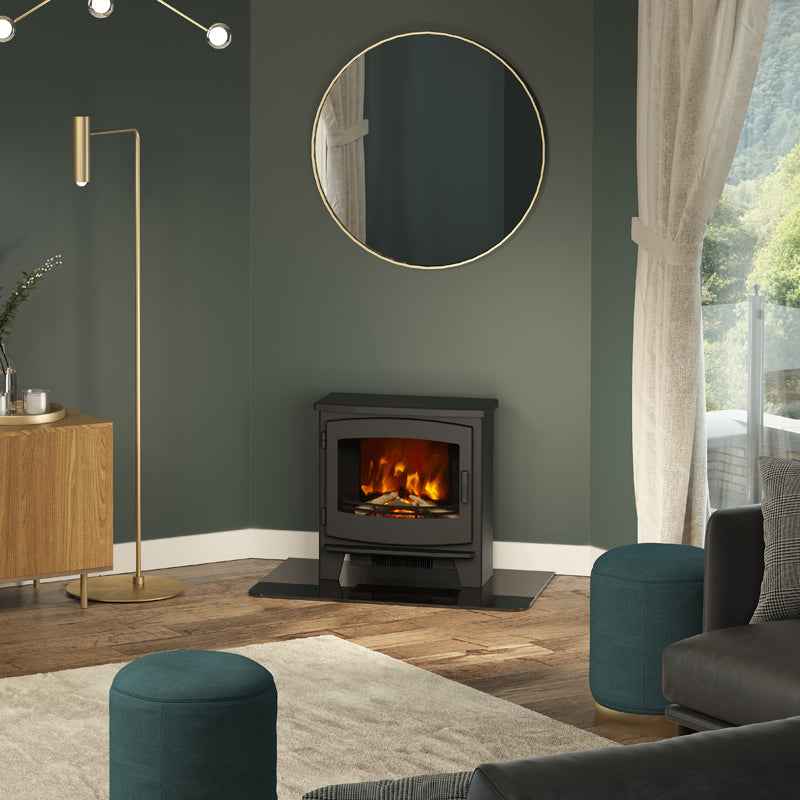Close up view of the ultra realistic LED flame effect and glowing ember log bed inside the Beacon Large stove window
