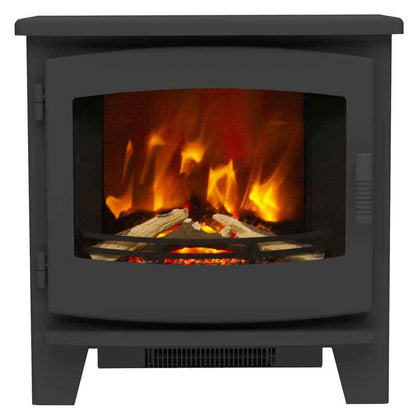 Close up of the authentic chrome handle and open working door on the black Beacon Large electric stove