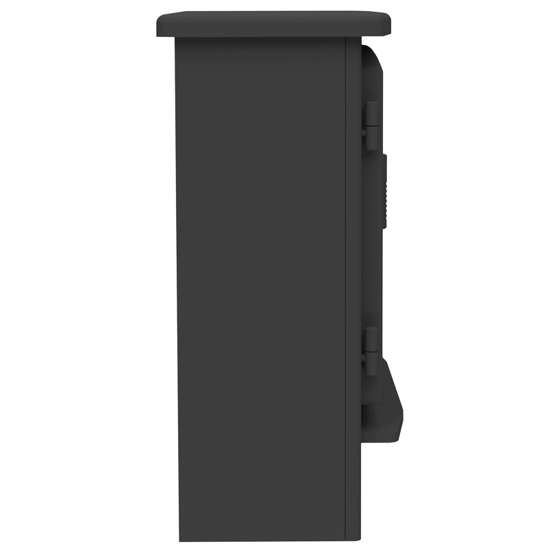 Direct side profile studio view of the FLARE Collection Beacon Large electric stove in matt black showing the product depth