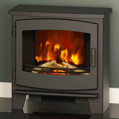 FLARE Collection Beacon Large freestanding electric stove in a matt black timber finish with an active realistic LED glowing flame effect and burning logs