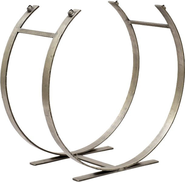 Front view of an empty contemporary forged metal log holder with a semi-circular curved frame in an antique pewter finish.
