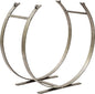 Front view of an empty contemporary forged metal log holder with a semi-circular curved frame in an antique pewter finish.
