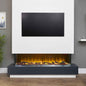 Adam Sahara pre-built panoramic media wall with integrated 3-sided electric fire and mounted TV in a modern living room