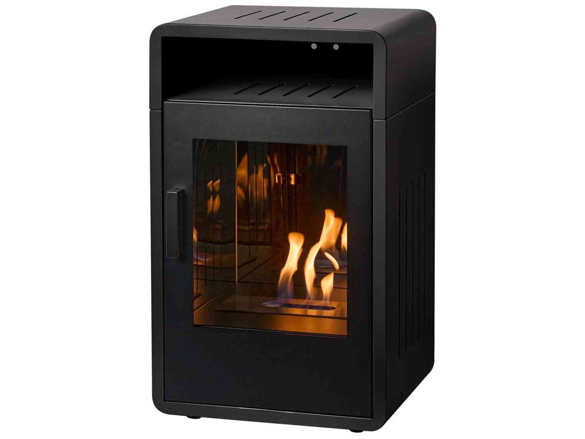 Black bio ethanol stove with glass front and flames inside, showcasing contemporary indoor heating solution with stylish black finish
