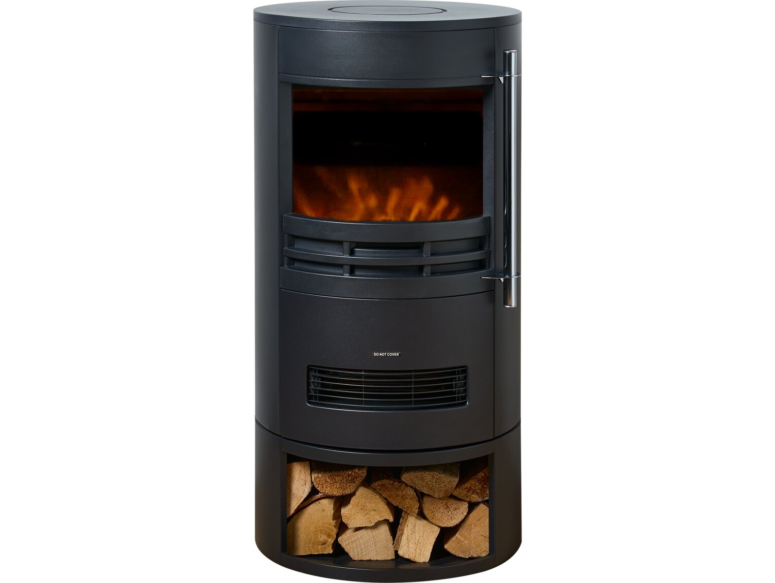Front view of the Sureflame Dunston black round electric stove model 28060 showing the realistic log fuel bed and bottom log storage bay.
