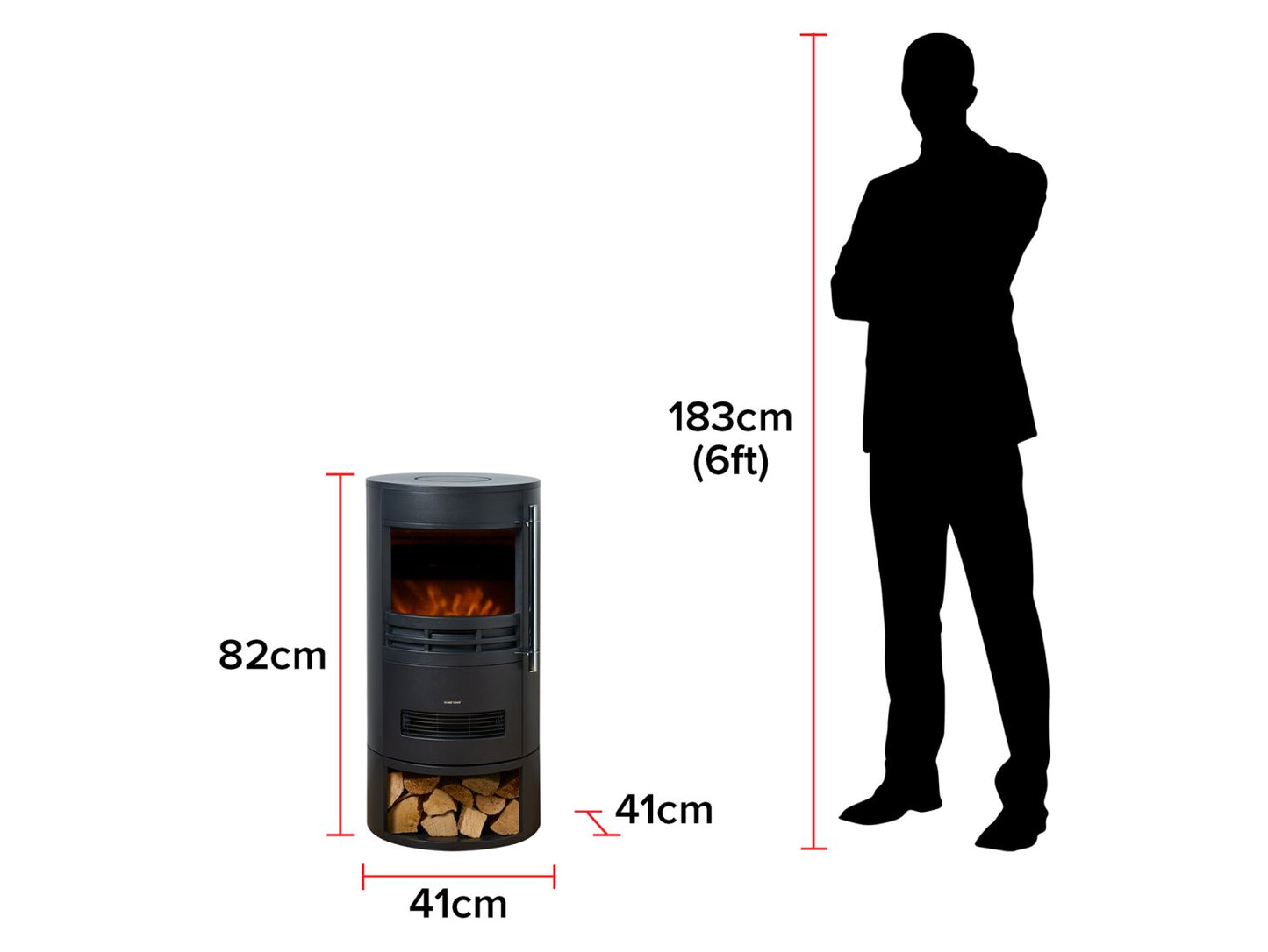 Dimension diagram for the Sureflame Dunston electric stove showing a height of 825mm and width of 410mm scaled next to an adult silhouette.
