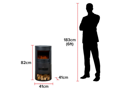 Dimension diagram for the Sureflame Dunston electric stove showing a height of 825mm and width of 410mm scaled next to an adult silhouette.

