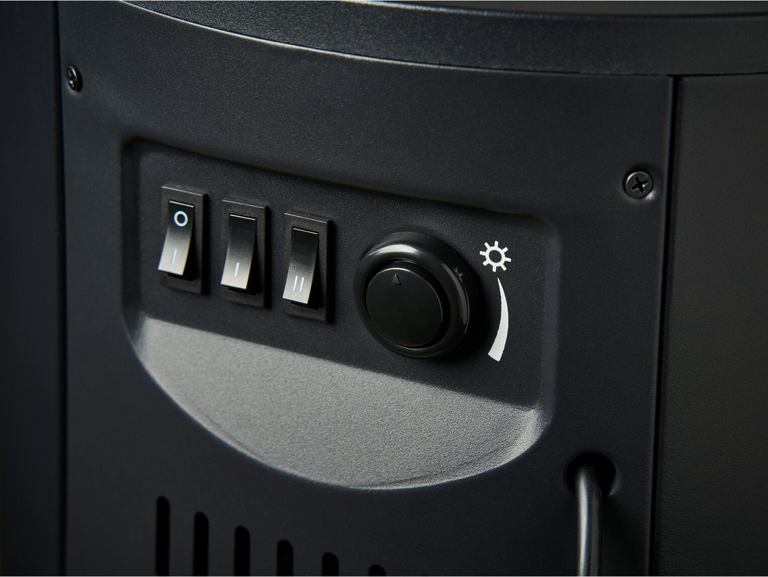 Close-up view of the manual control panel on the Sureflame Dunston electric stove featuring the 1kW and 2kW heat switches and adjustable thermostat knob.
