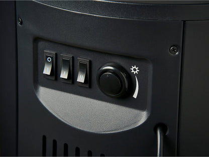 Close-up view of the manual control panel on the Sureflame Dunston electric stove featuring the 1kW and 2kW heat switches and adjustable thermostat knob.
