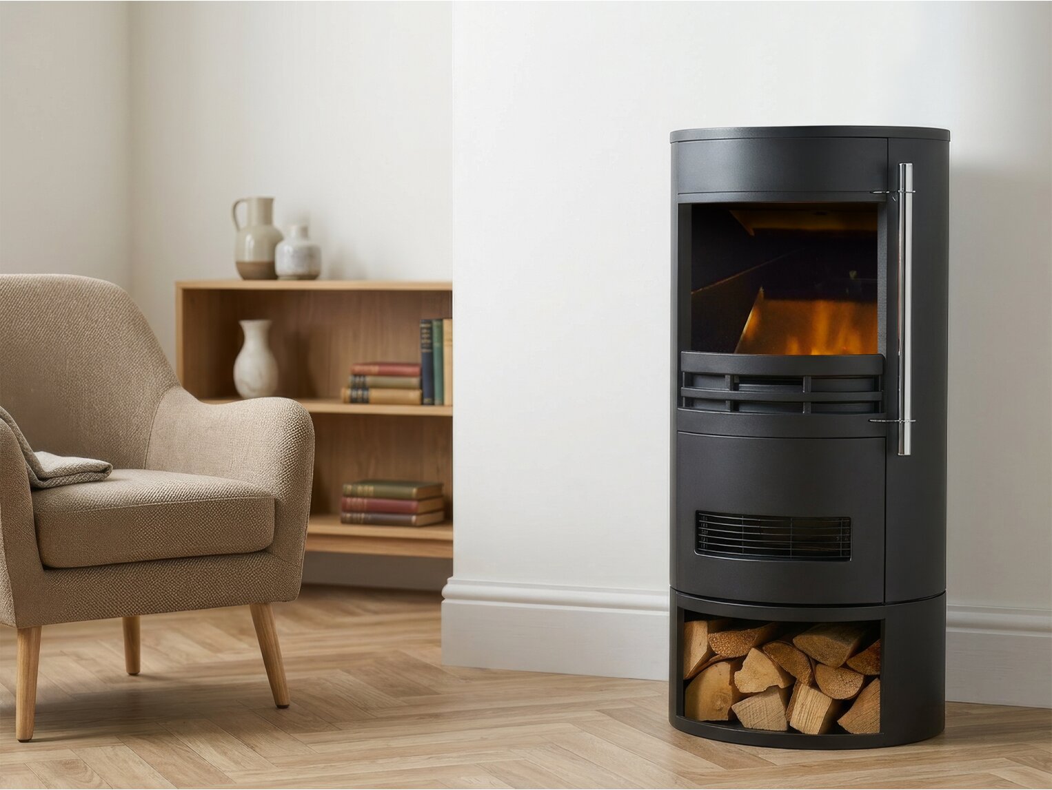Sureflame Dunston contemporary round black electric stove with glowing LED flame effect and log storage in a modern living room setting.
