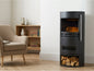 Sureflame Dunston contemporary round black electric stove with glowing LED flame effect and log storage in a modern living room setting.

