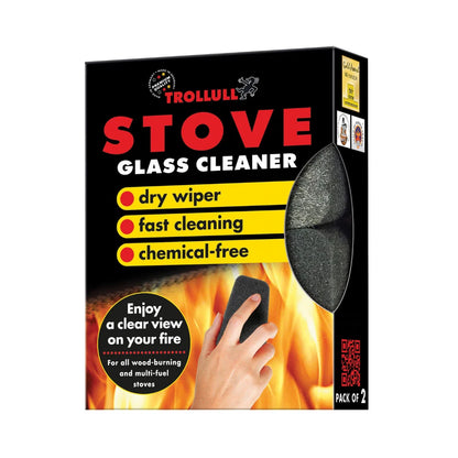 rollull Stove Glass Cleaner 2-pack retail box showing the dry wiper sponge with a fiery background.