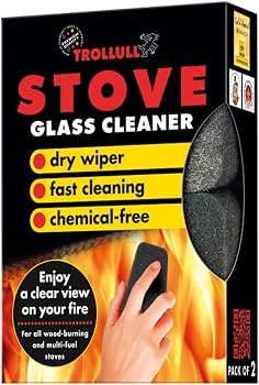 Angled view of the Trollull stove glass cleaner packaging alongside an illustration of how to enjoy a clear view of your fire.